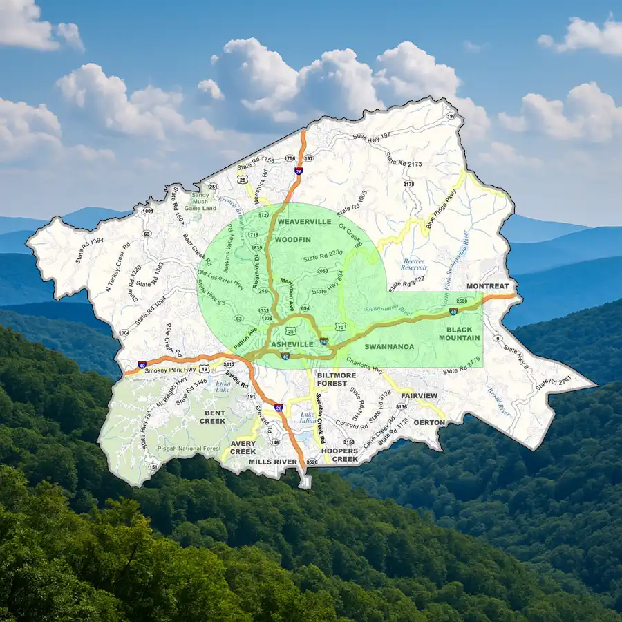 Service area map showing Asheville, Weaverville, and surrounding NC towns.
